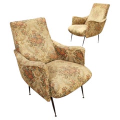 Italian Mid-Century Lounge Chairs, Floral Upholstery, Brass Feet, 1950s