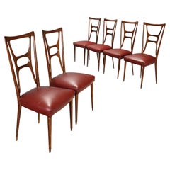 Set of Six Italian Sculptural Dining Chairs, Stained Hardwood, 1950s