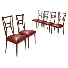 Set of Six Italian Sculptural Dining Chairs, Stained Hardwood, 1950s