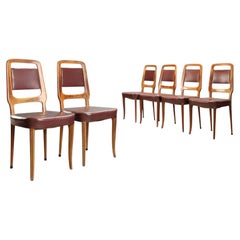 Set of Six Italian Sculptural Dining Chairs, Beech and Leather, 1950s