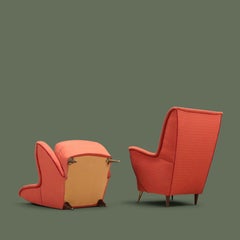 Italian Sculptural Armchairs, Coral Upholstery and Brass Legs, 1950s