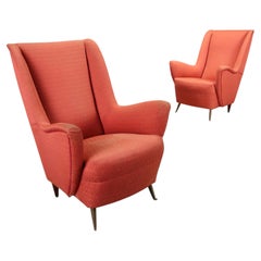 Italian Sculptural Armchairs, Coral Upholstery and Brass Legs, 1950s