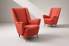 Italian Sculptural Armchairs, Coral Upholstery and Brass Legs, 1950s