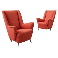 Italian Sculptural Armchairs, Coral Upholstery and Brass Legs, 1950s