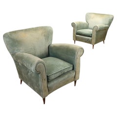 Italian Postwar Pair of Lounge Chairs, Green Velvet, 1950s