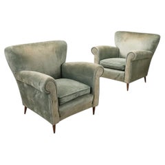 Italian Postwar Pair of Lounge Chairs, Green Velvet, 1950s