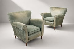 Italian Postwar Pair of Lounge Chairs, Green Velvet, 1950s