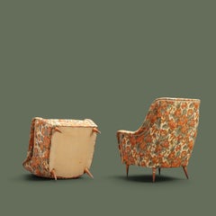 Italian Mid-Century Lounge Chairs, Floral Fabric, Tapered Legs, 1950s