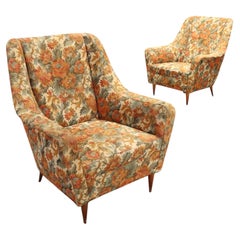 Italian Mid-Century Lounge Chairs, Floral Fabric, Tapered Legs, 1950s