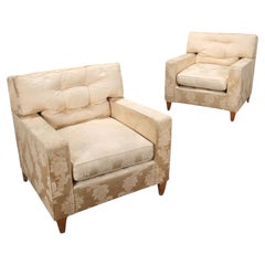 Pair of Mid-Century Cube Lounge Chairs, Damask Upholstery, 1950s
