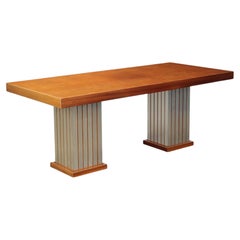 Postmodern Pedestal Dining Table, Burl and Brushed Steel, Italy, 1980s