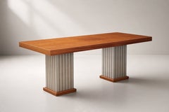 Postmodern Pedestal Dining Table, Burl and Brushed Steel, Italy, 1980s