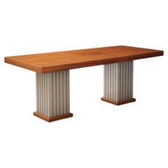 Postmodern Pedestal Dining Table, Burl and Brushed Steel, Italy, 1980s
