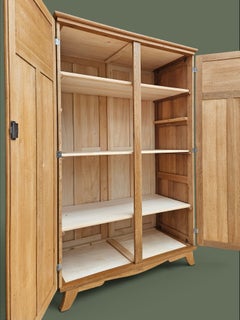 French Art Deco Two-Door Armoire, Solid Oak, Carved Floral Panels, 1930s