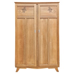 French Art Deco Two-Door Armoire, Solid Oak, Carved Floral Panels, 1930s