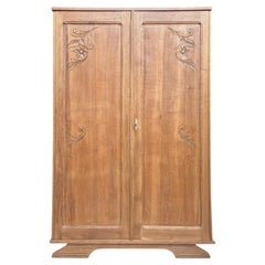 French Art Deco Two-Door Armoire, Carved Solid Oak, 1930s
