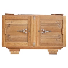 French Art Deco Two-Door Buffet, Solid Oak, Carved Scrolls, 1930s
