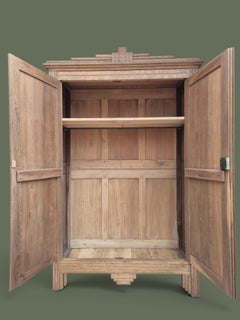 French Art Deco Two-Door Armoire, Carved Oak, Stepped Pediment, 1930s