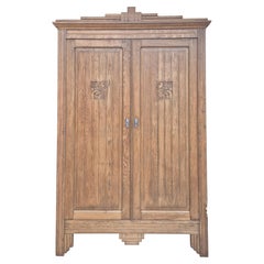 French Art Deco Two-Door Armoire, Carved Oak, Stepped Pediment, 1930s