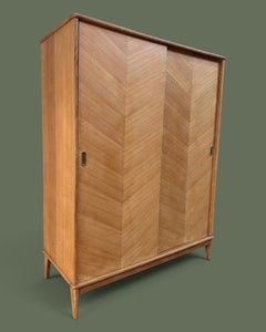 Scandinavian Modern Sliding-Door Wardrobe, Chevron Oak Veneer, 1960s