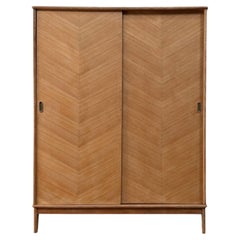 Scandinavian Modern Sliding-Door Wardrobe, Chevron Oak Veneer, 1960s
