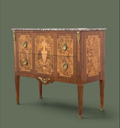 Louis XVI Style Marquetry Commode, Walnut and Marble, France, 1950s
