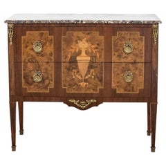 Louis XVI Style Marquetry Commode, Walnut and Marble, France, 1950s