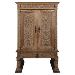 Spanish Renaissance Style Carved Cerused Oak Cabinet on Stand, 1950s