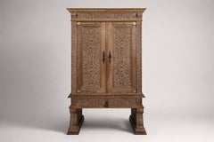 Spanish Renaissance Style Carved Cerused Oak Cabinet on Stand, 1950s
