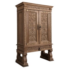 Spanish Renaissance Style Carved Cerused Oak Cabinet on Stand, 1950s