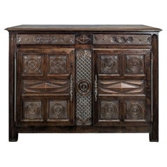 French Provincial Carved Oak Buffet, Geometric Panels, 1940s