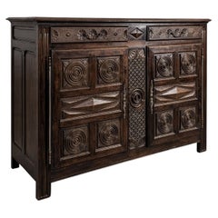 French Provincial Carved Oak Buffet, Geometric Panels, 1940s