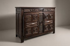 French Provincial Carved Oak Buffet, Geometric Panels, 1940s