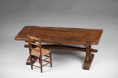 French Farmhouse Trestle Table in Thick Solid Oak, 19th Century