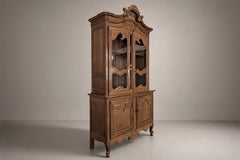 French Provincial Louis XV Two-Part Oak Buffet Cauchois Vitrine, 1890s