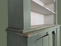 French Provincial Two-Tier Pine Step-Back Cupboard, Green Paint, 1940s