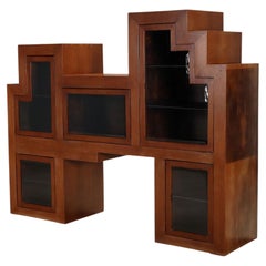 Cubist Geometric Display Cabinet, Hardwood and Glass Vitrines, 1970s