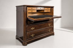 English Mahogany Secretaire Chest of Drawers, Tooled Leather Top, 1880s