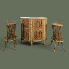 French Riviera Bamboo and Rattan Dry Bar with Two Stools, 1950s