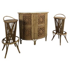 French Riviera Bamboo and Rattan Dry Bar with Two Stools, 1950s