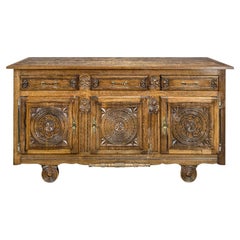 French Brutalist Three-Door Oak Enfilade, Carved Rosettes, 1960s