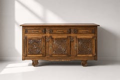French Brutalist Three-Door Oak Enfilade, Carved Rosettes, 1960s