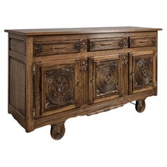 French Brutalist Three-Door Oak Enfilade, Carved Rosettes, 1960s