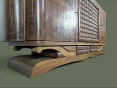French Art Deco Sideboard, Burl Walnut, Diamond-Point Carving, 1940s