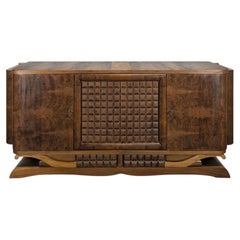 French Art Deco Sideboard, Burl Walnut, Diamond-Point Carving, 1940s