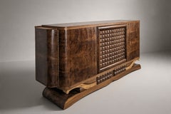 French Art Deco Sideboard, Burl Walnut, Diamond-Point Carving, 1940s