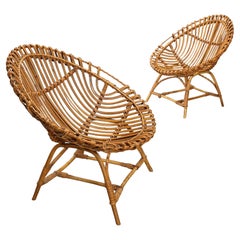 Italian Mid-Century Rattan and Bamboo Basket Lounge Chairs, Pair, 1960s