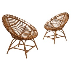 Paire de chaises longues italiennes en rotin et bambou du milieu du siècle, années 1960