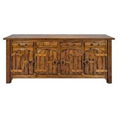 Spanish Rustic Four-Door Sideboard, Carved Pine, Wrought Iron, 1970s