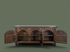 Spanish Renaissance Style Sideboard, Pine and Iron, Arched Doors, 1950s